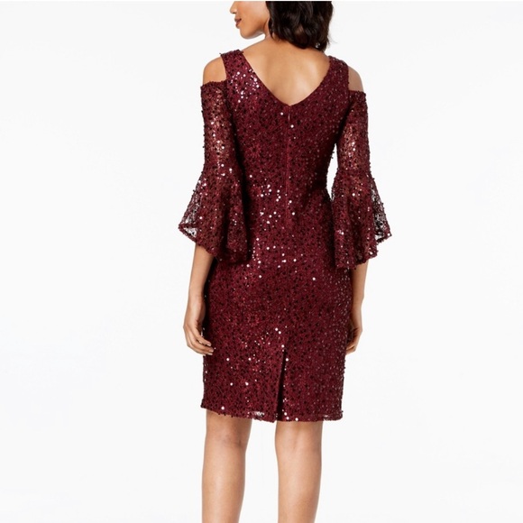 Nightway Sequined Lace Bell-Sleeve Dress Merlot wine midi size 8 - Picture 3 of 5